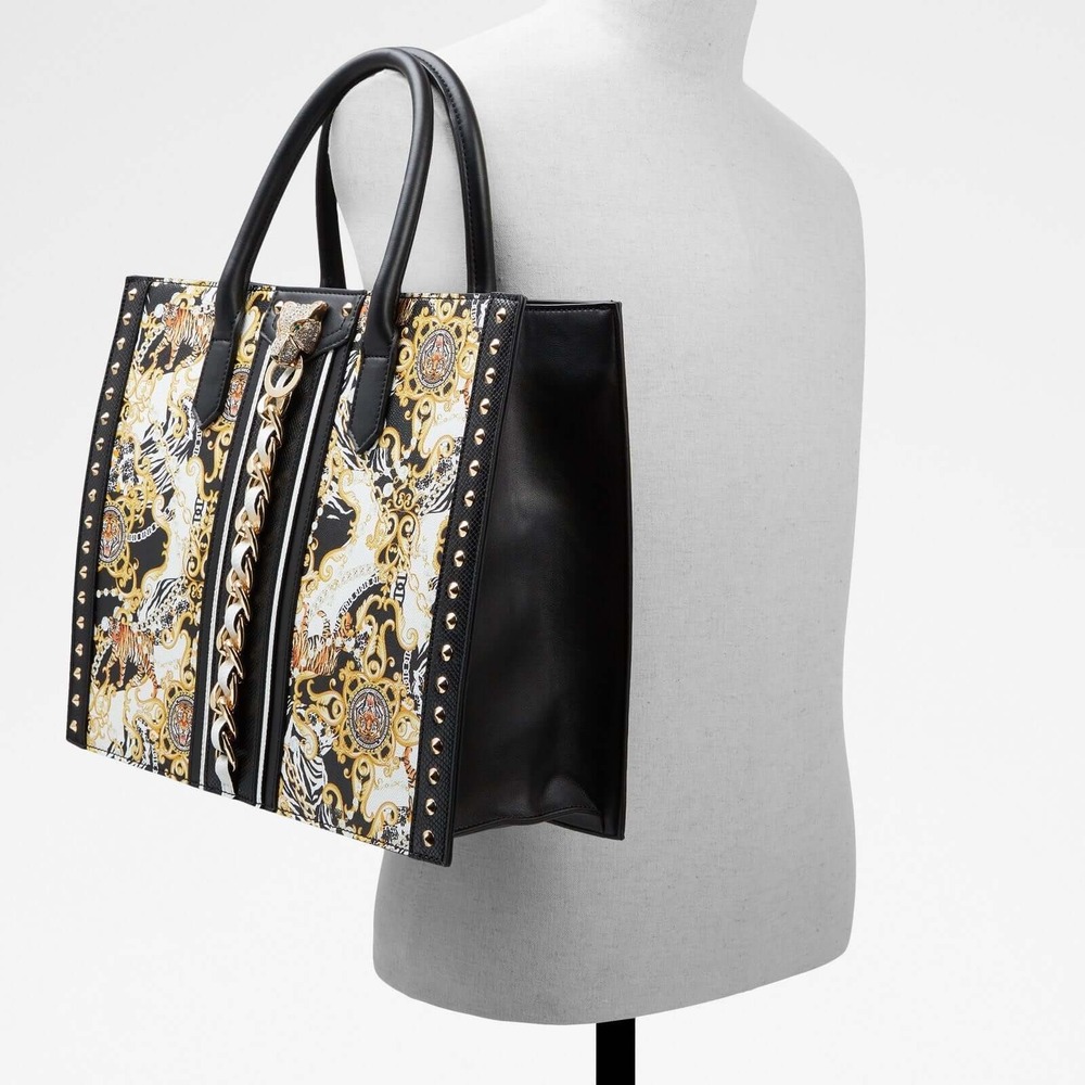 Aldo Abomab Tote Bag Black Gold Baroque Tiger Print Womens Large Jeweled Queen - Picture 2 of 7